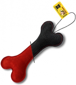 GoSi Игрушка для собак Кость, натуральная кожа черно-красная велюр, этикетка флажок